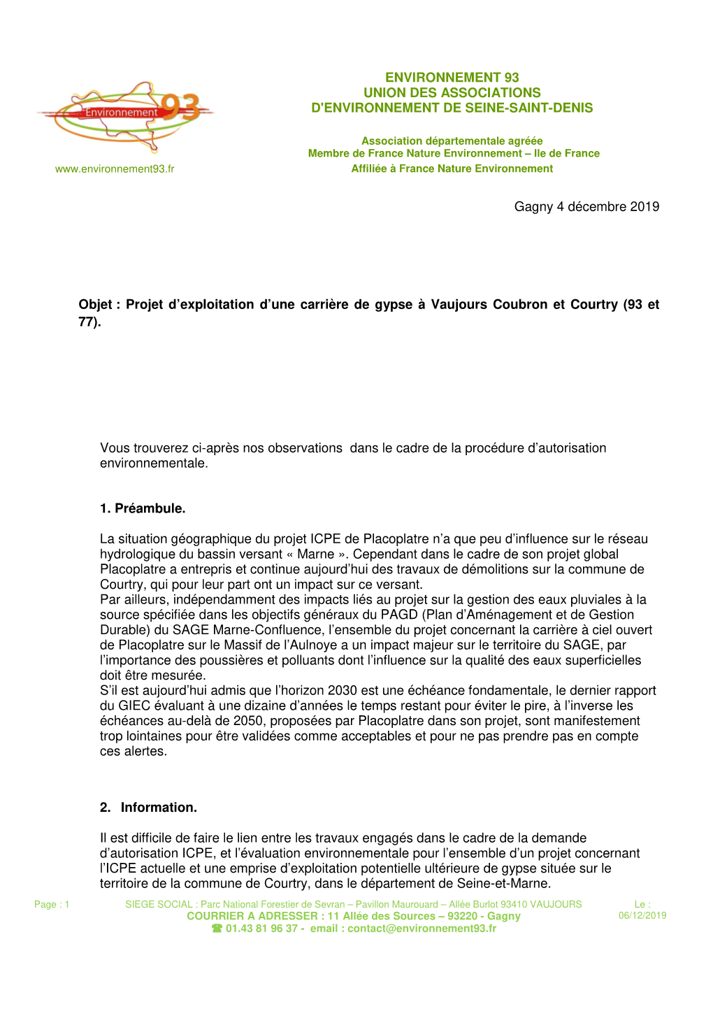 Projet D'exploitation D'une Carrière De Gypse À Vaujours Coubron Et Courtry