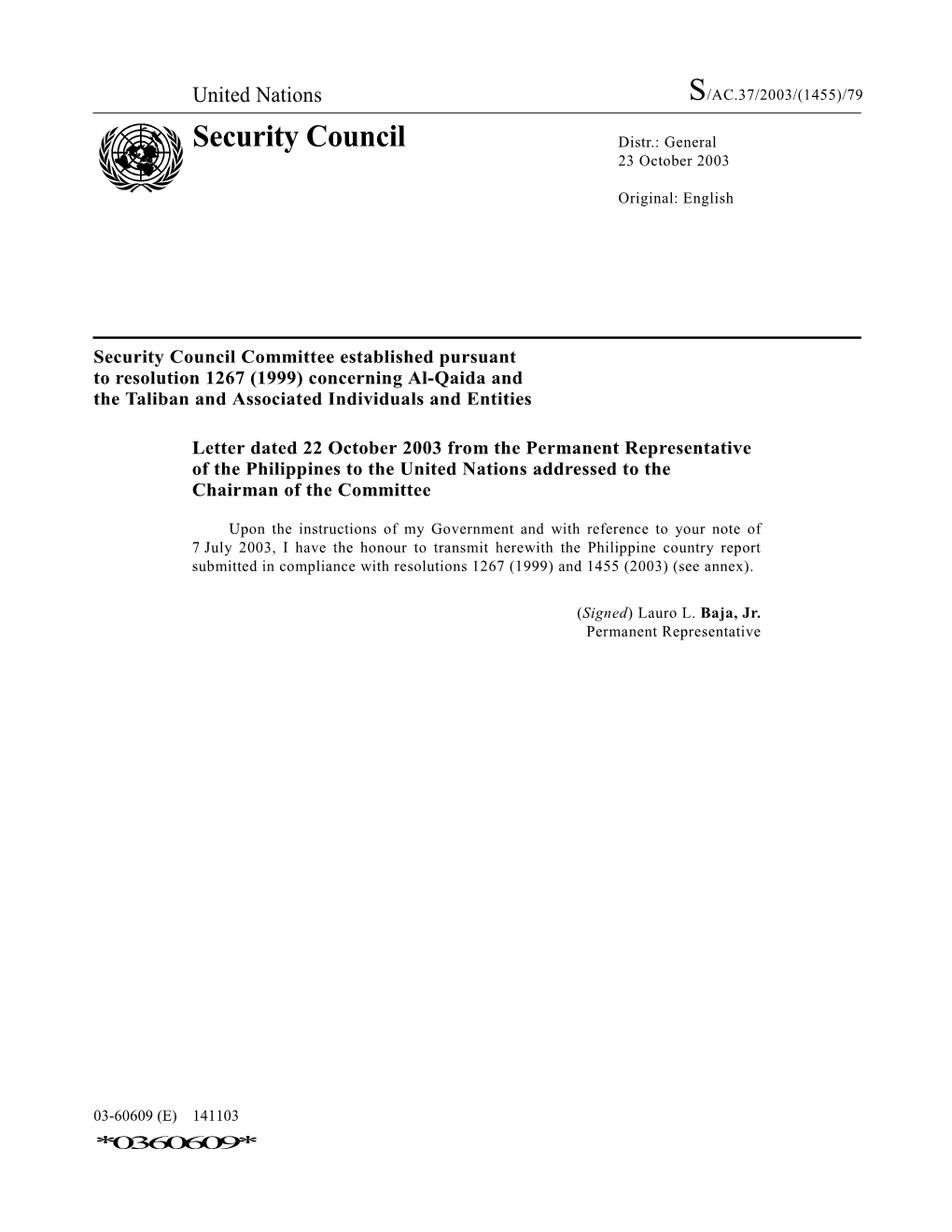UN Security Council Resolutions 1267 and 1455 Al-Qaeda Sanctions Committee October 2003