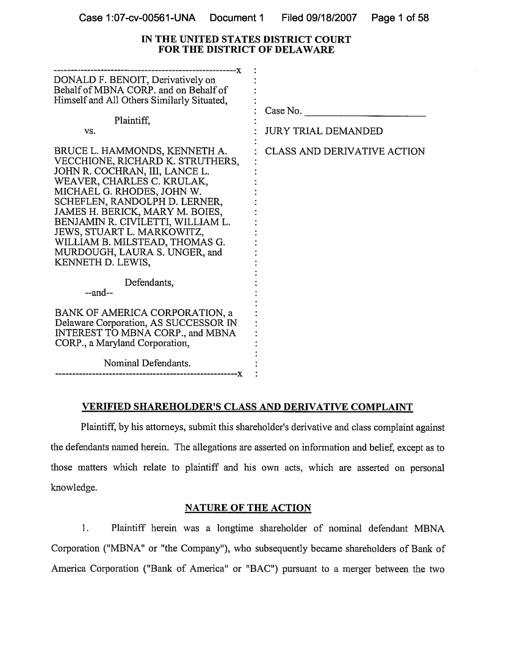 Benoit, Et Al. V. Hammonds, Et Al. 07-CV-561-Verified Shareholder's