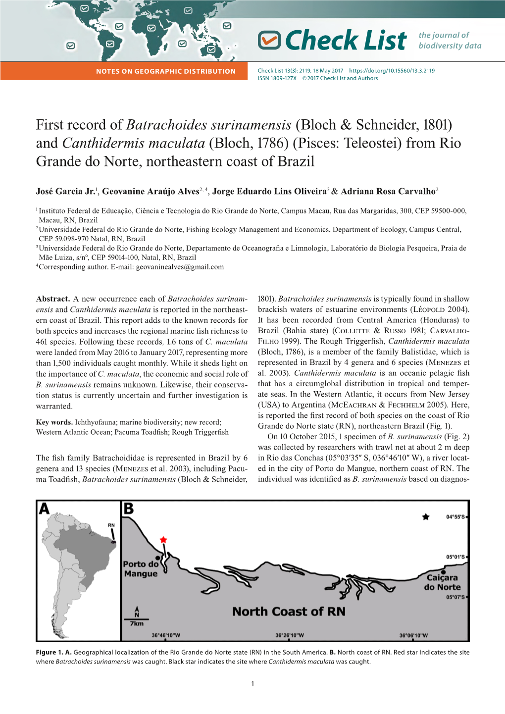 Batrachoides Surinamensis (Bloch & Schneider, 1801) and Canthidermis Maculata (Bloch, 1786) (Pisces: Teleostei) from Rio Grande Do Norte, Northeastern Coast of Brazil