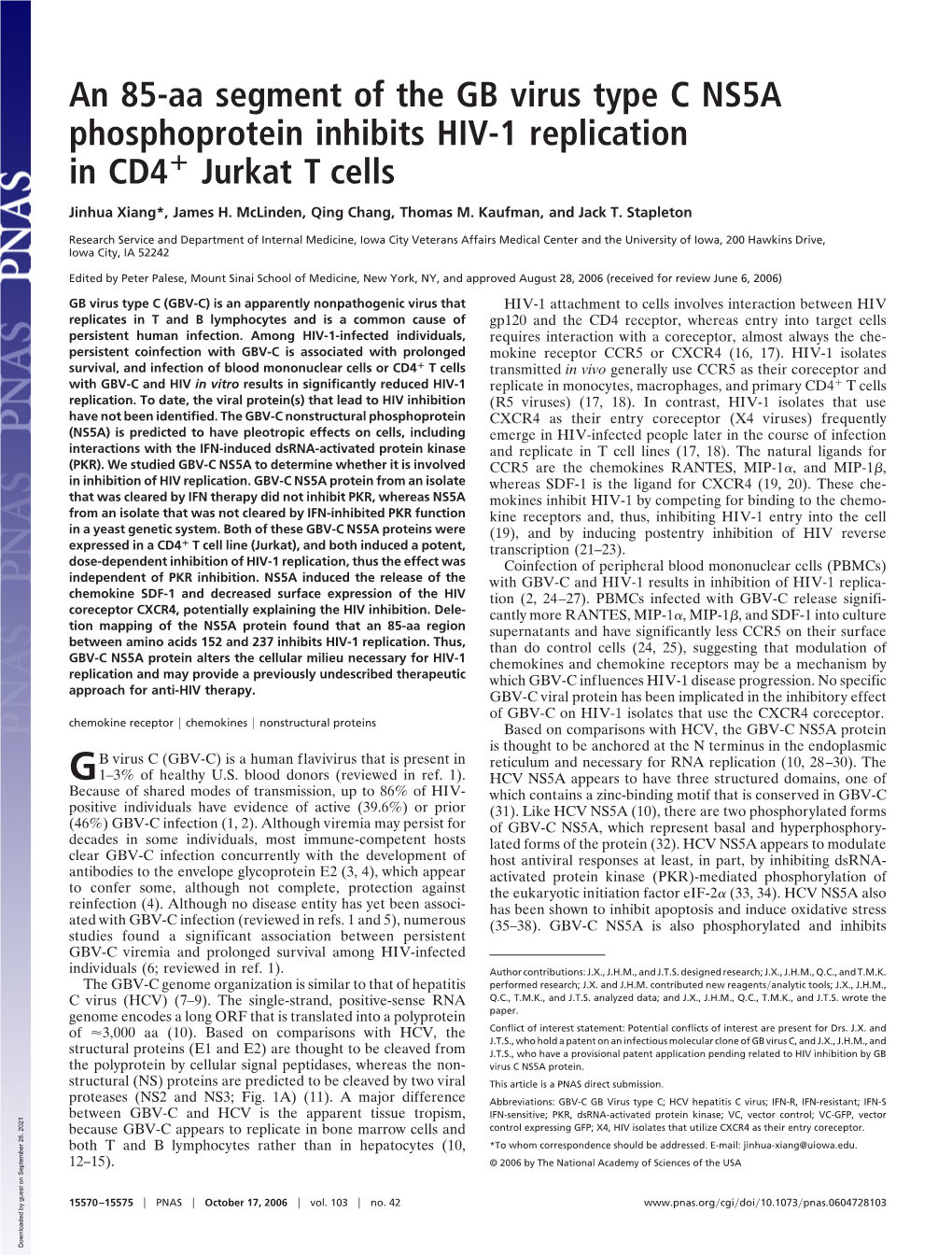 An 85-Aa Segment of the GB Virus Type C NS5A Phosphoprotein Inhibits HIV-1 Replication in CD4 Jurkat T Cells