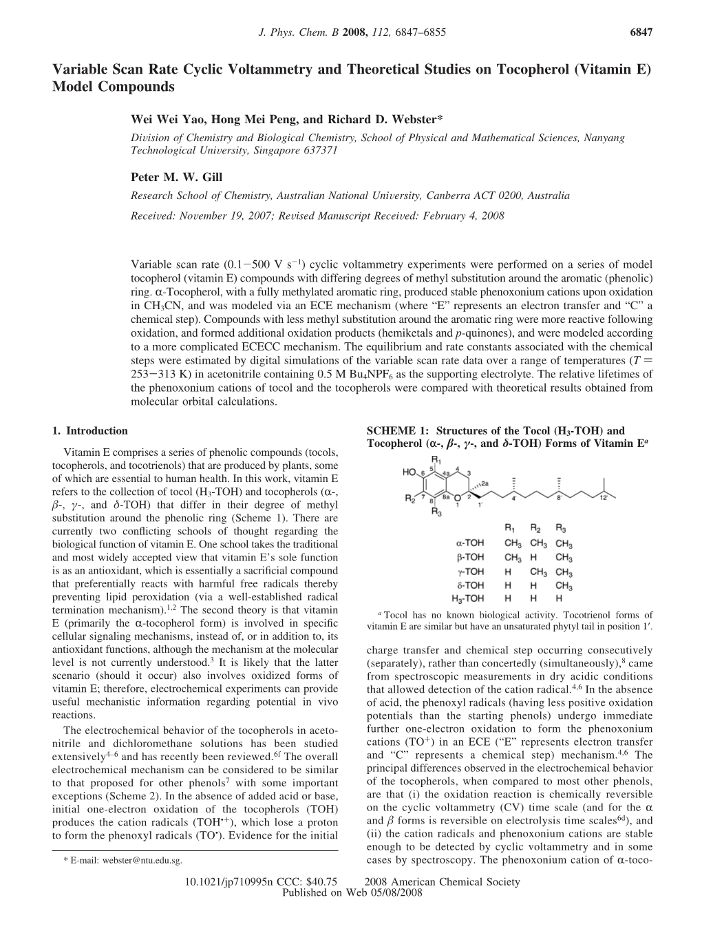 Variable Scan Rate Cyclic Voltammetry and Theoretical Studies on Tocopherol (Vitamin E) Model Compounds