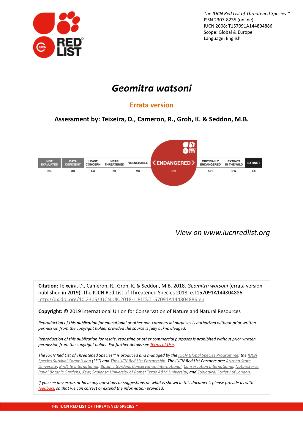 Geomitra Watsoni Errata Version Assessment By: Teixeira, D., Cameron, R., Groh, K