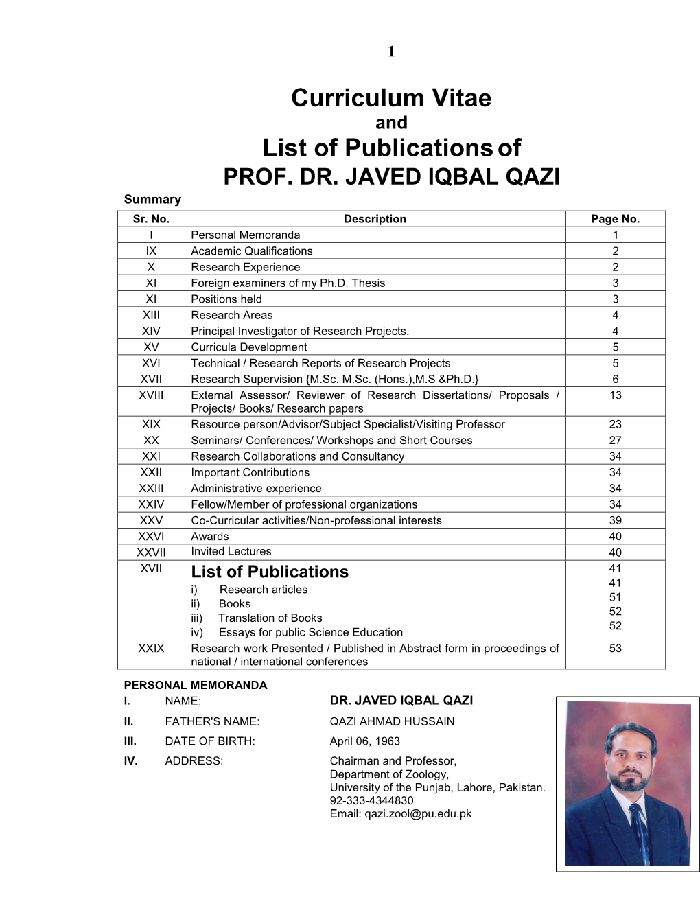 CV of Prof. Dr. Javed Iqbal Qazi