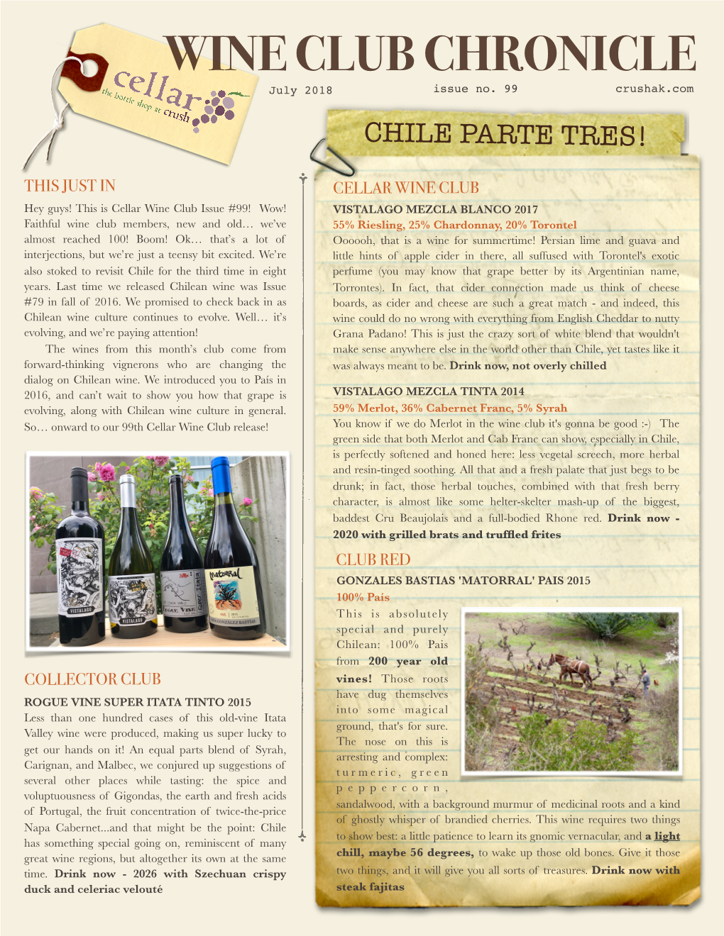 Chile Parte Tres Cellar Wine Club Notes July 2018