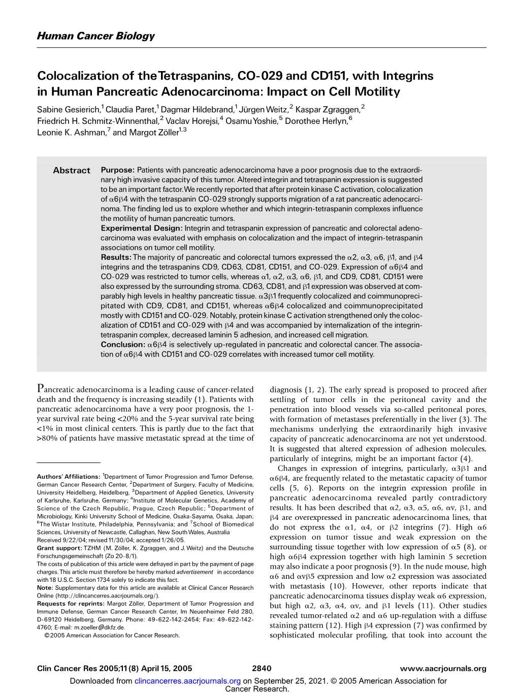 Colocalization of Thetetraspanins, CO-029 and CD151, with Integrins