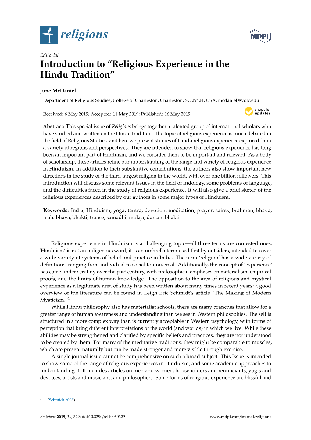 Introduction to “Religious Experience in the Hindu Tradition”