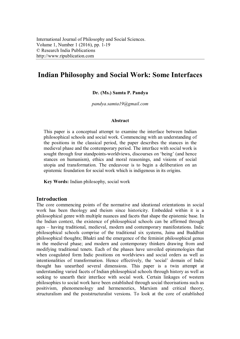 Indian Philosophy and Social Work: Some Interfaces