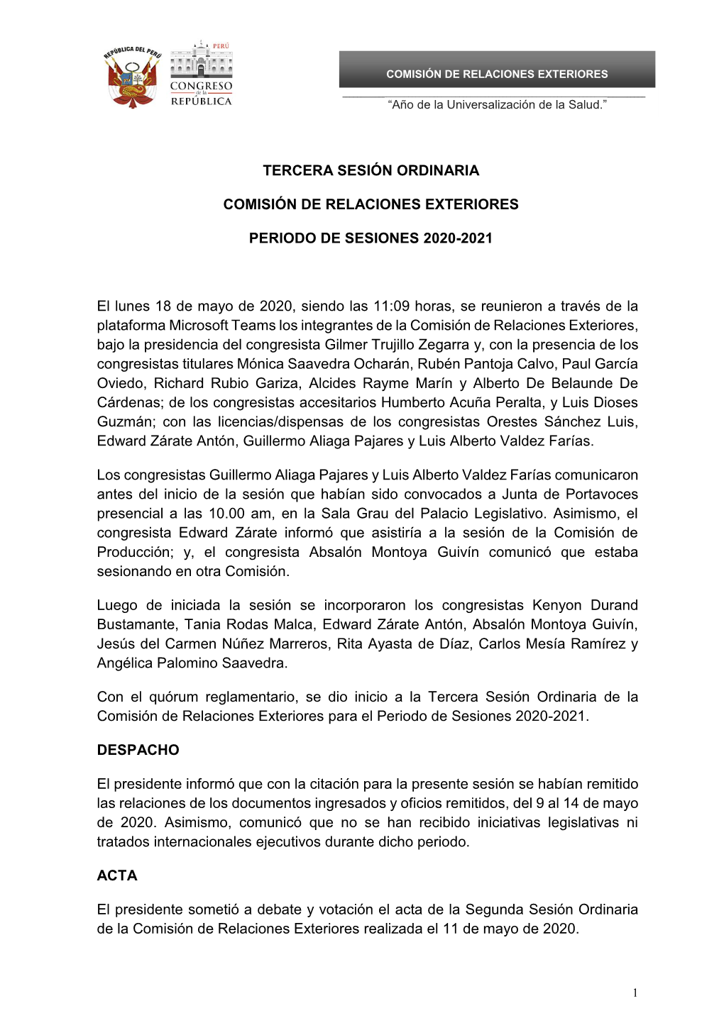 Tercera Sesión Ordinaria Comisión De Relaciones