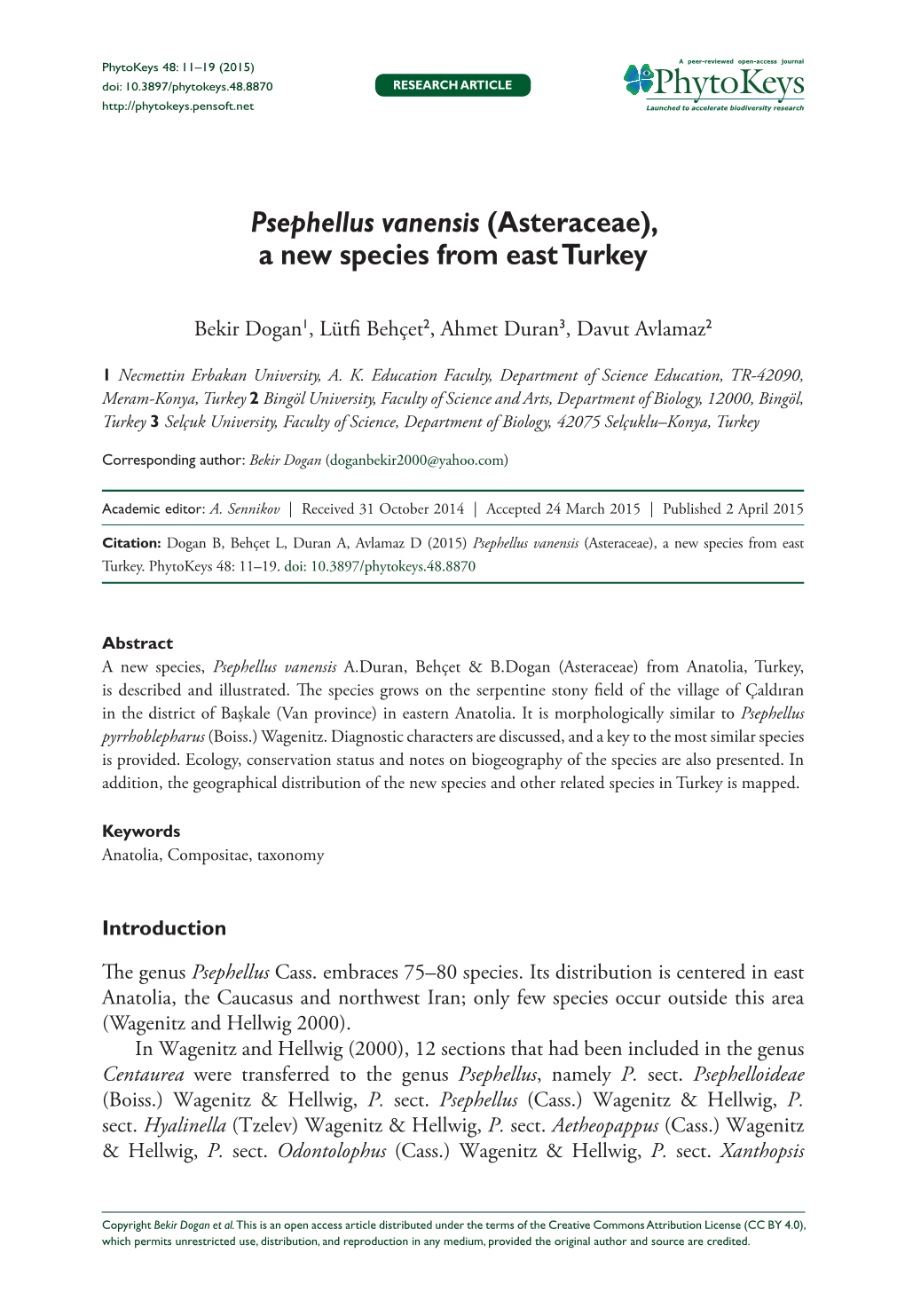 ﻿Psephellus Vanensis (Asteraceae), a New Species from East Turkey