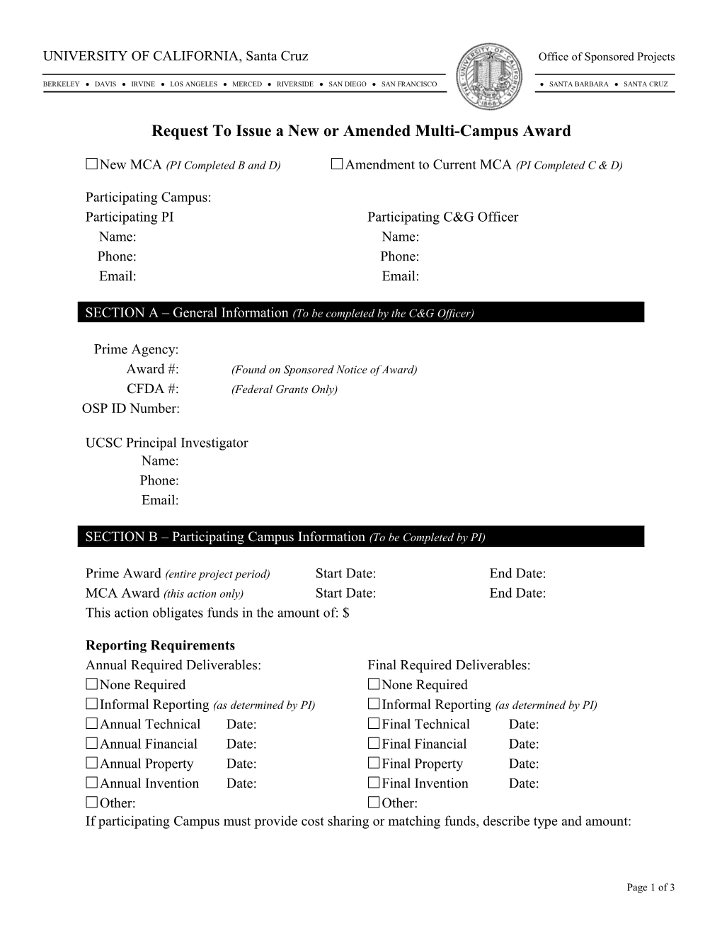 Request to Issue a New Or Amended Multi-Campus Award