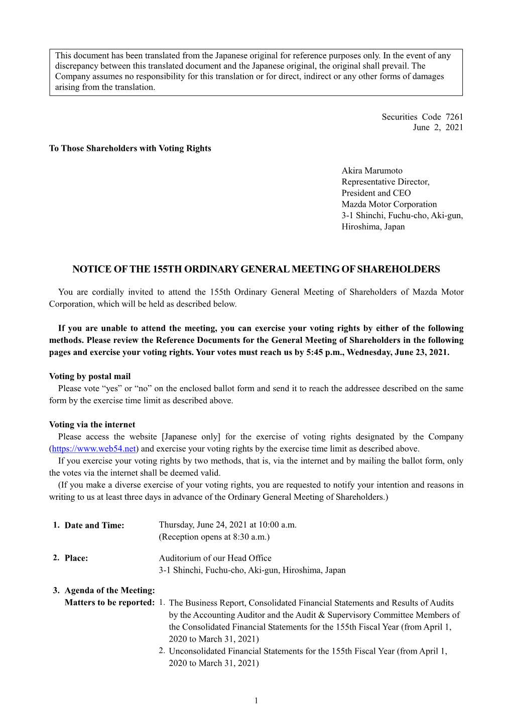 Notice of the 155Th Ordinary General Meeting of Shareholders