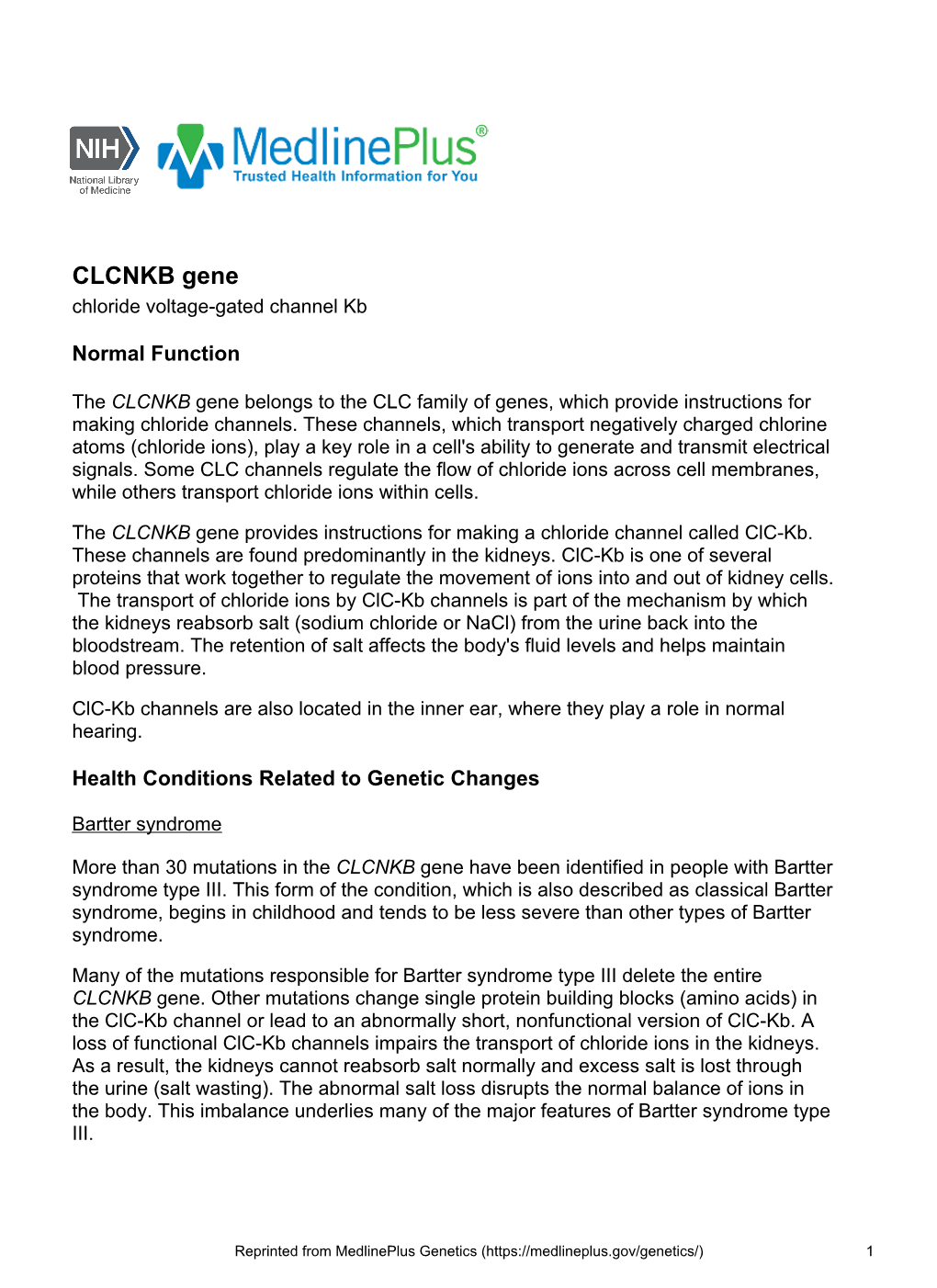 CLCNKB Gene Chloride Voltage-Gated Channel Kb
