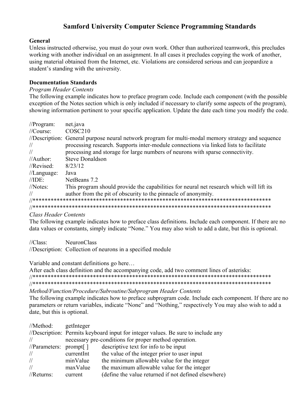 Samford University Computer Science Programming Standards