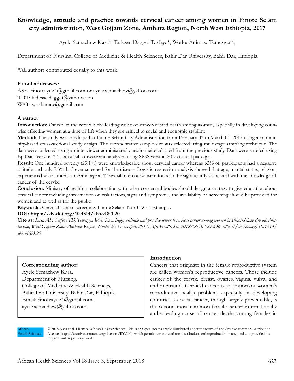 Knowledge, Attitude and Practice Towards Cervical Cancer Among Women in Finote Selam City Administration, West Gojjam Zone, Amhara Region, North West Ethiopia, 2017