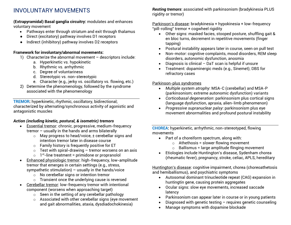 Involuntary Movements Notes