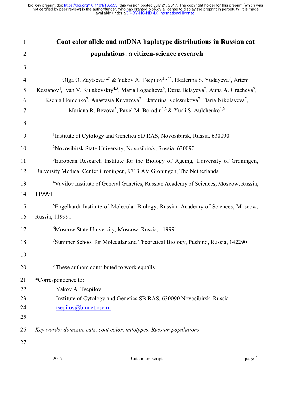 Coat Color Allele and Mtdna Haplotype Distributions in Russian Cat 2 Populations: a Citizen-Science Research