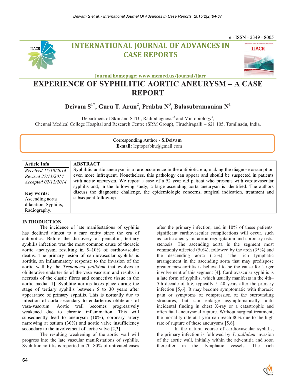 International Journal of Advances in Case Reports, 2015;2(2):64-67