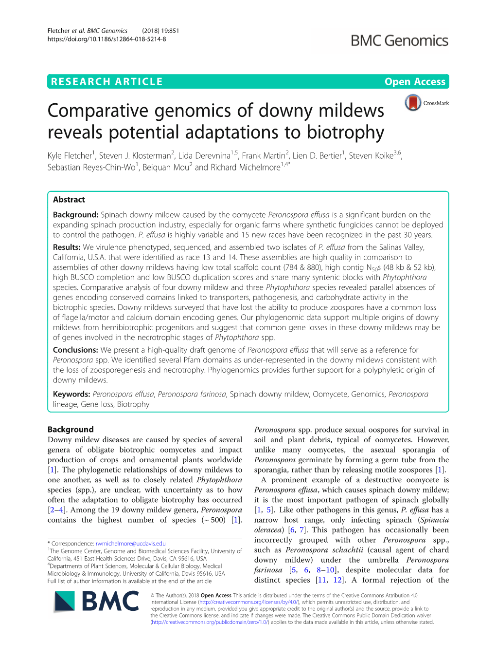Comparative Genomics of Downy Mildews Reveals Potential Adaptations to Biotrophy Kyle Fletcher1, Steven J