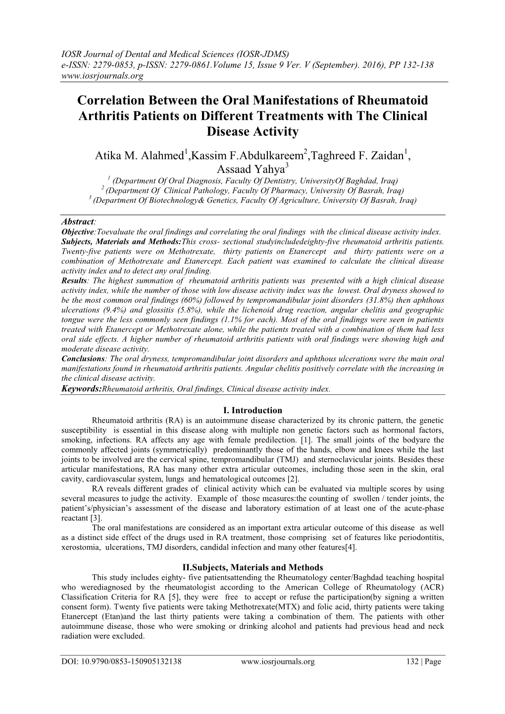 Correlation Between the Oral Manifestations of Rheumatoid Arthritis Patients on Different Treatments with the Clinical Disease Activity