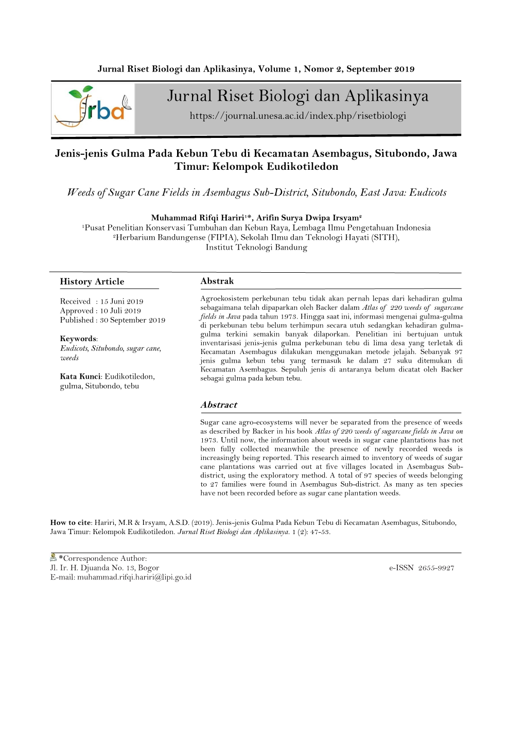 Jurnal Riset Biologi Dan Aplikasinya