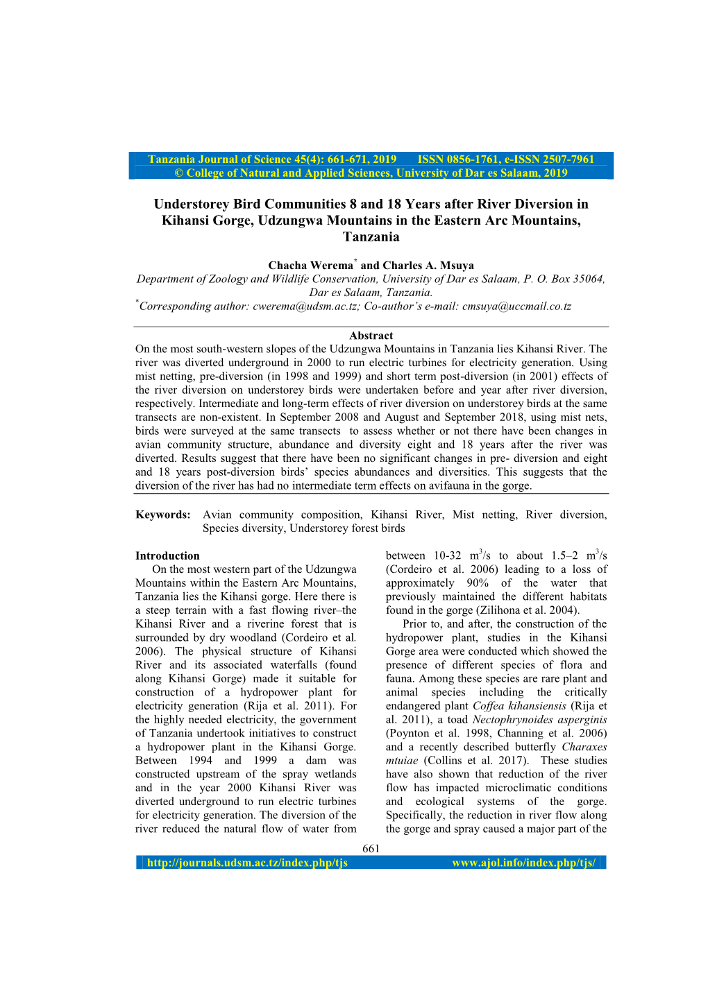 Understorey Bird Communities 8 and 18 Years After River Diversion in Kihansi Gorge, Udzungwa Mountains in the Eastern Arc Mountains, Tanzania