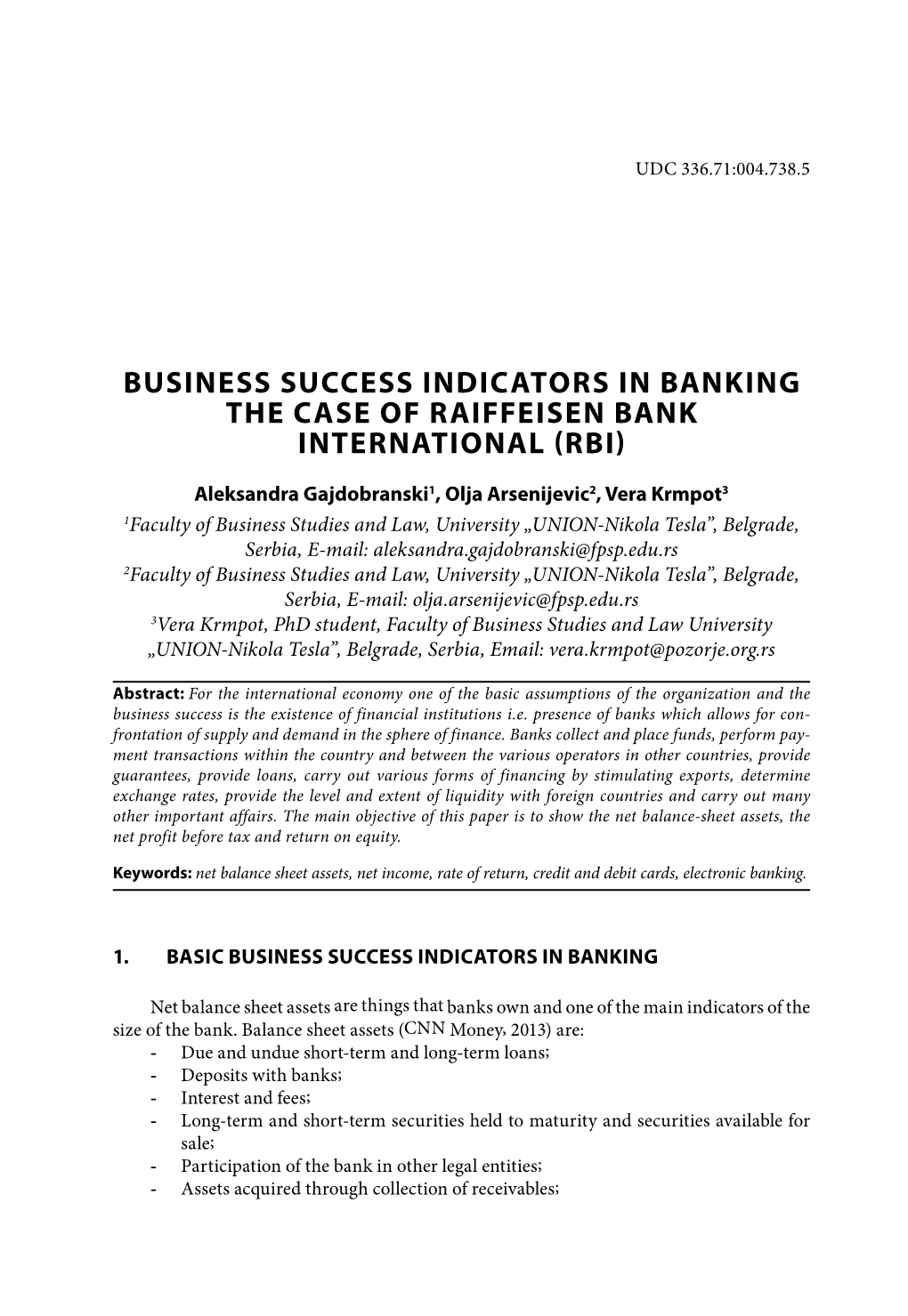 Business Success Indicators in Banking the Case of Raiffeisen Bank International Rbi