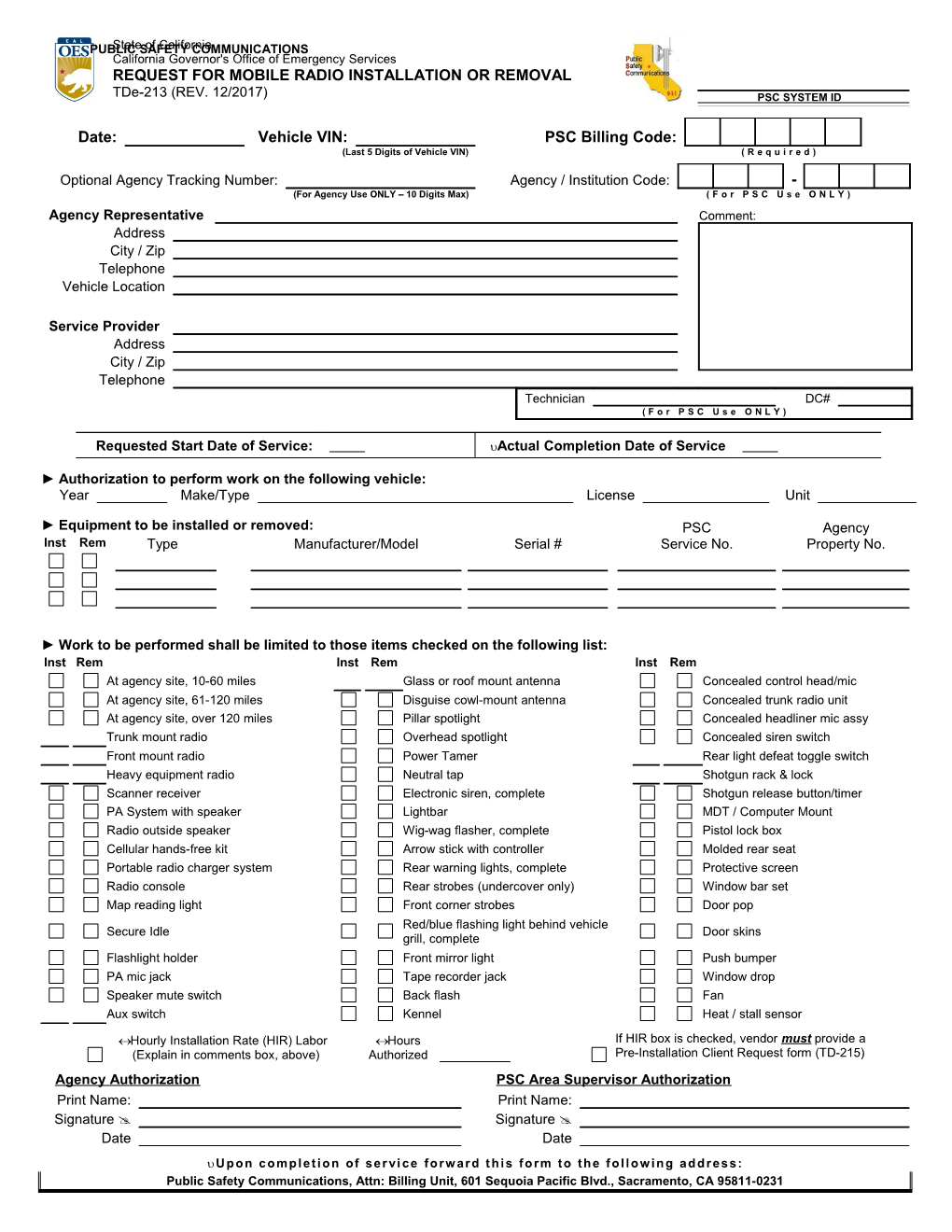 TD-213 Mobile Install/Removal Request Form Instructions