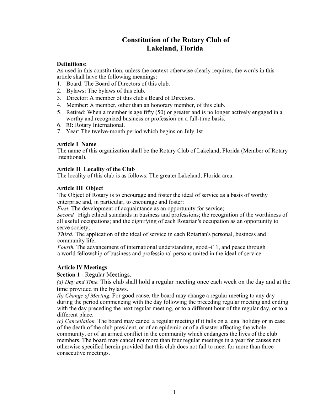 Constitution of the Rotary Club of Lakeland, Florida