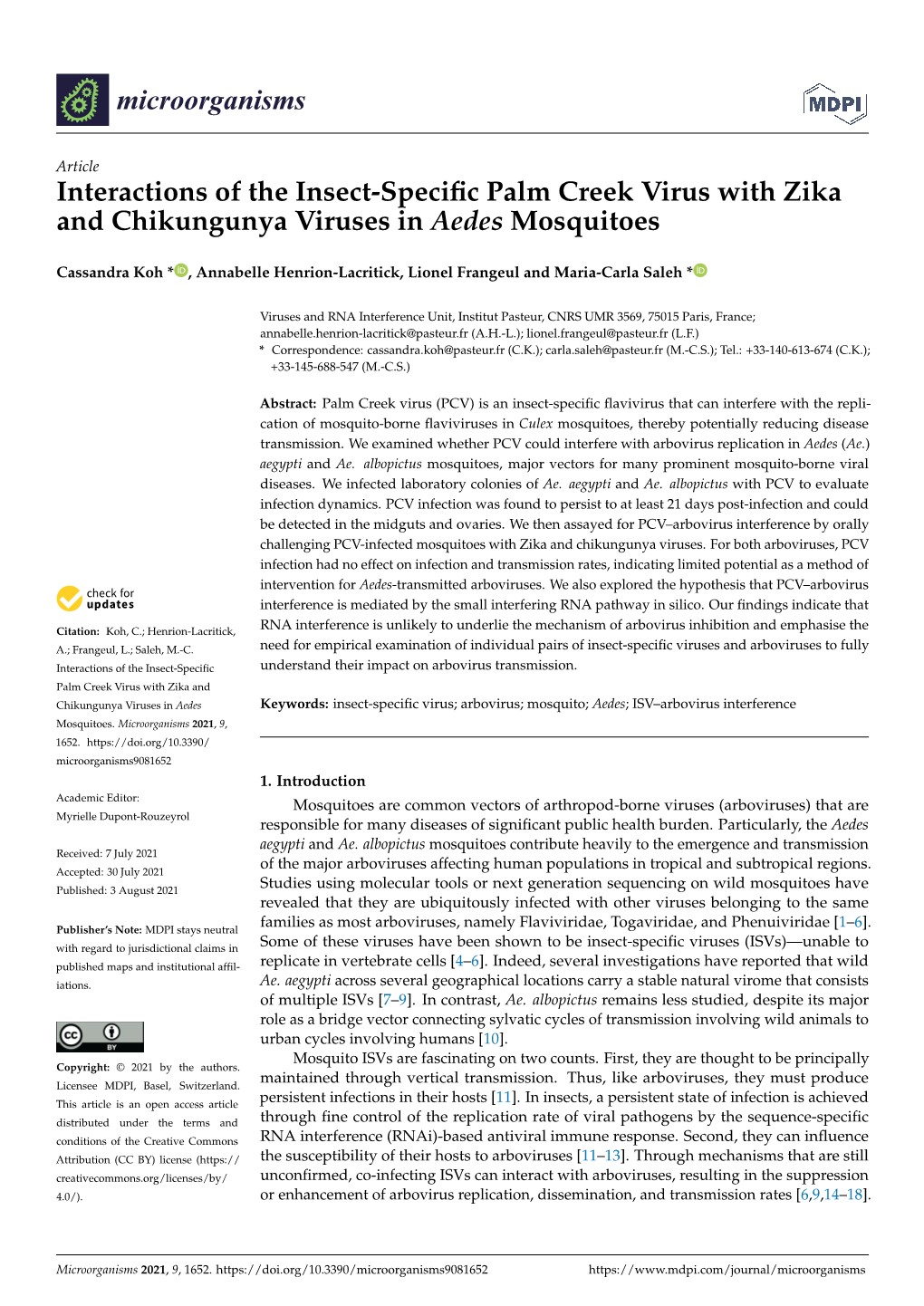 Interactions of the Insect-Specific Palm Creek Virus with Zika And