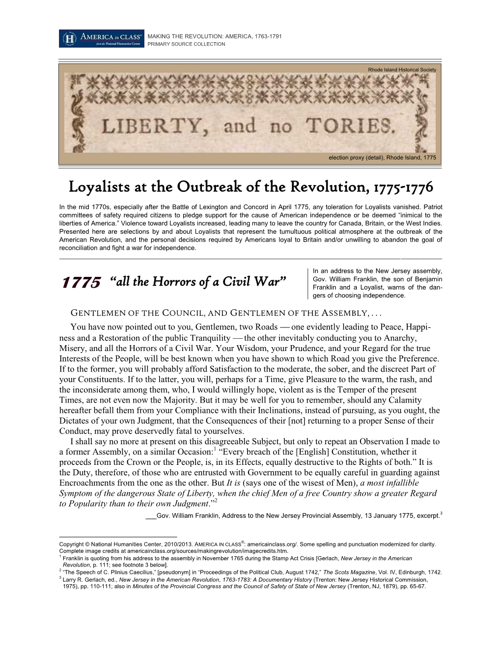 Loyalists at the Outbreak of the Revolution, 1775-1776