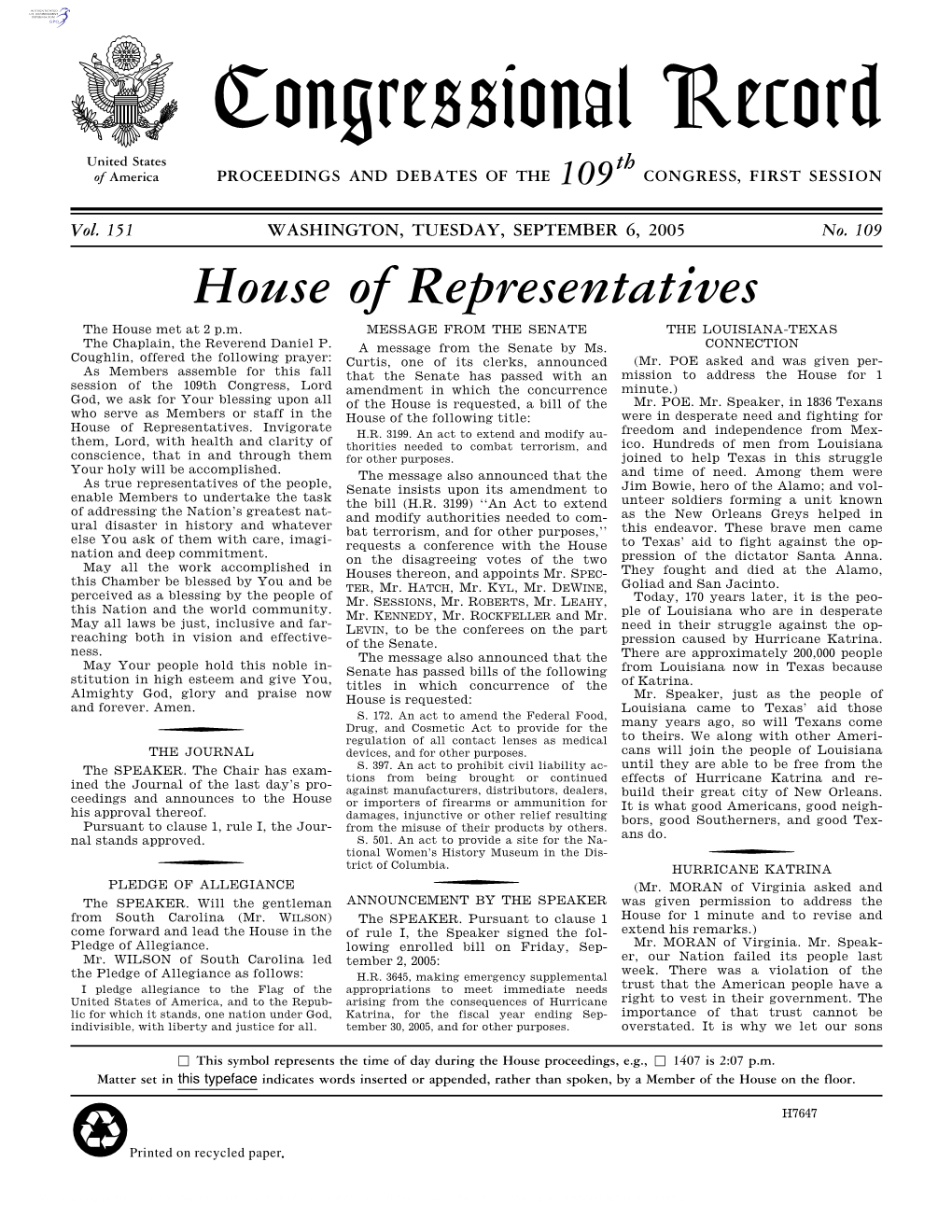 Congressional Record United States Th of America PROCEEDINGS and DEBATES of the 109 CONGRESS, FIRST SESSION