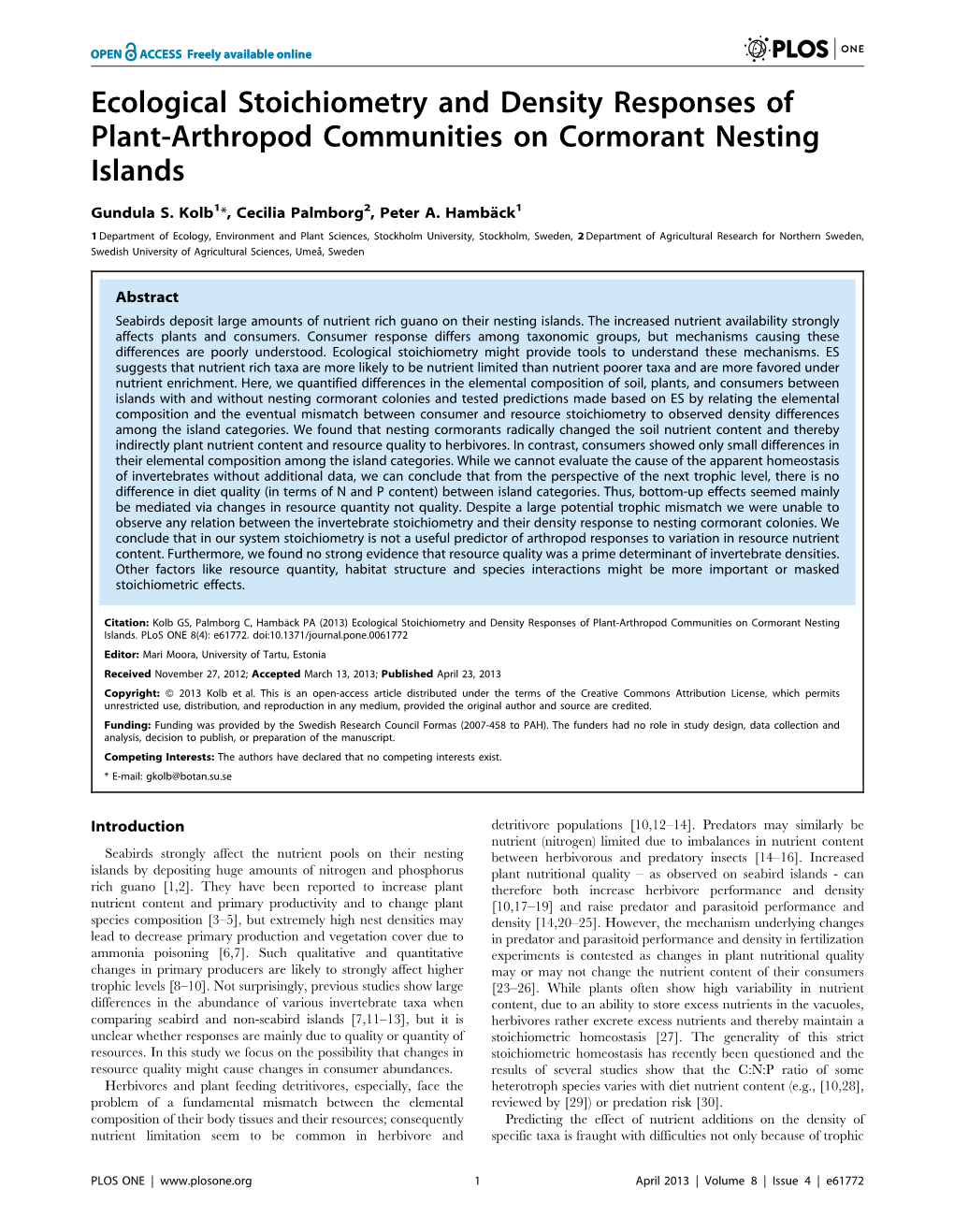 Ecological Stoichiometry and Density Responses of Plant-Arthropod Communities on Cormorant Nesting Islands