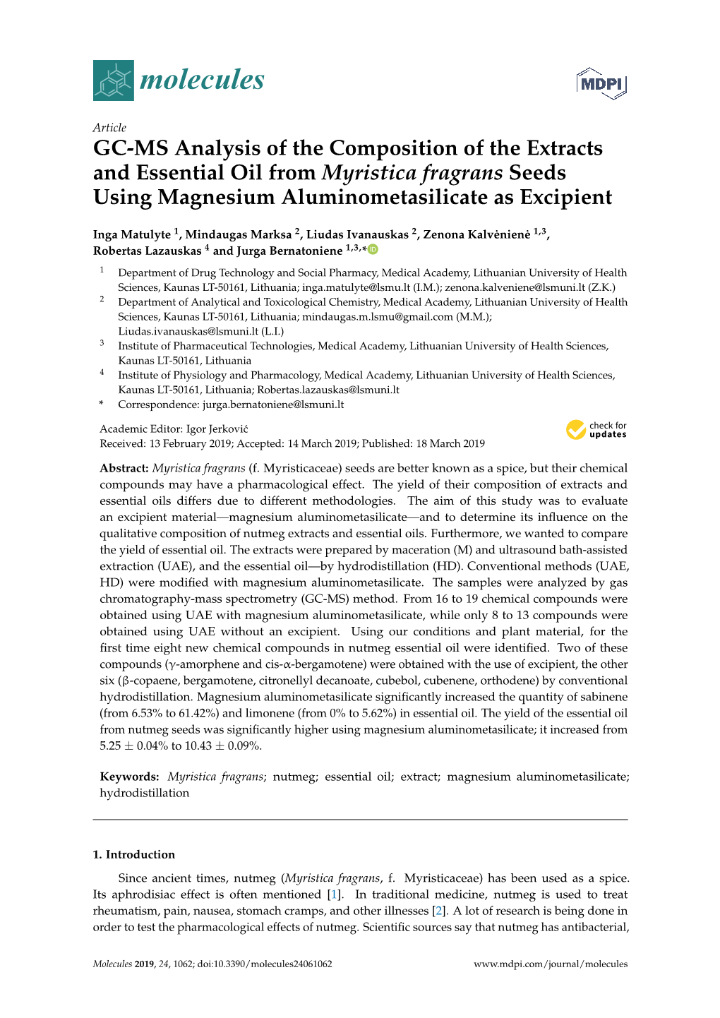 GC-MS Analysis of the Composition of the Extracts and Essential Oil from Myristica Fragrans Seeds Using Magnesium Aluminometasilicate As Excipient