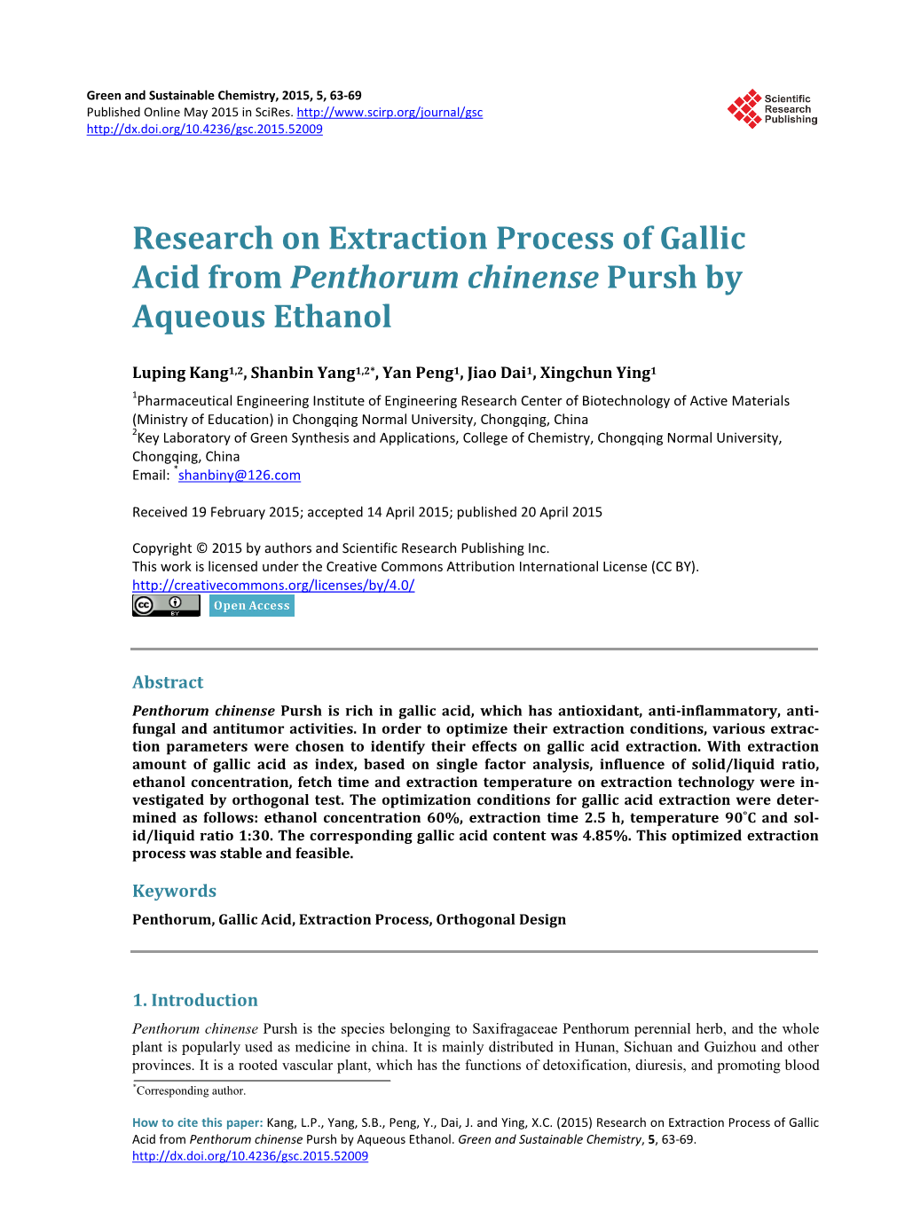 Research on Extraction Process of Gallic Acid from Penthorum Chinense Pursh by Aqueous Ethanol