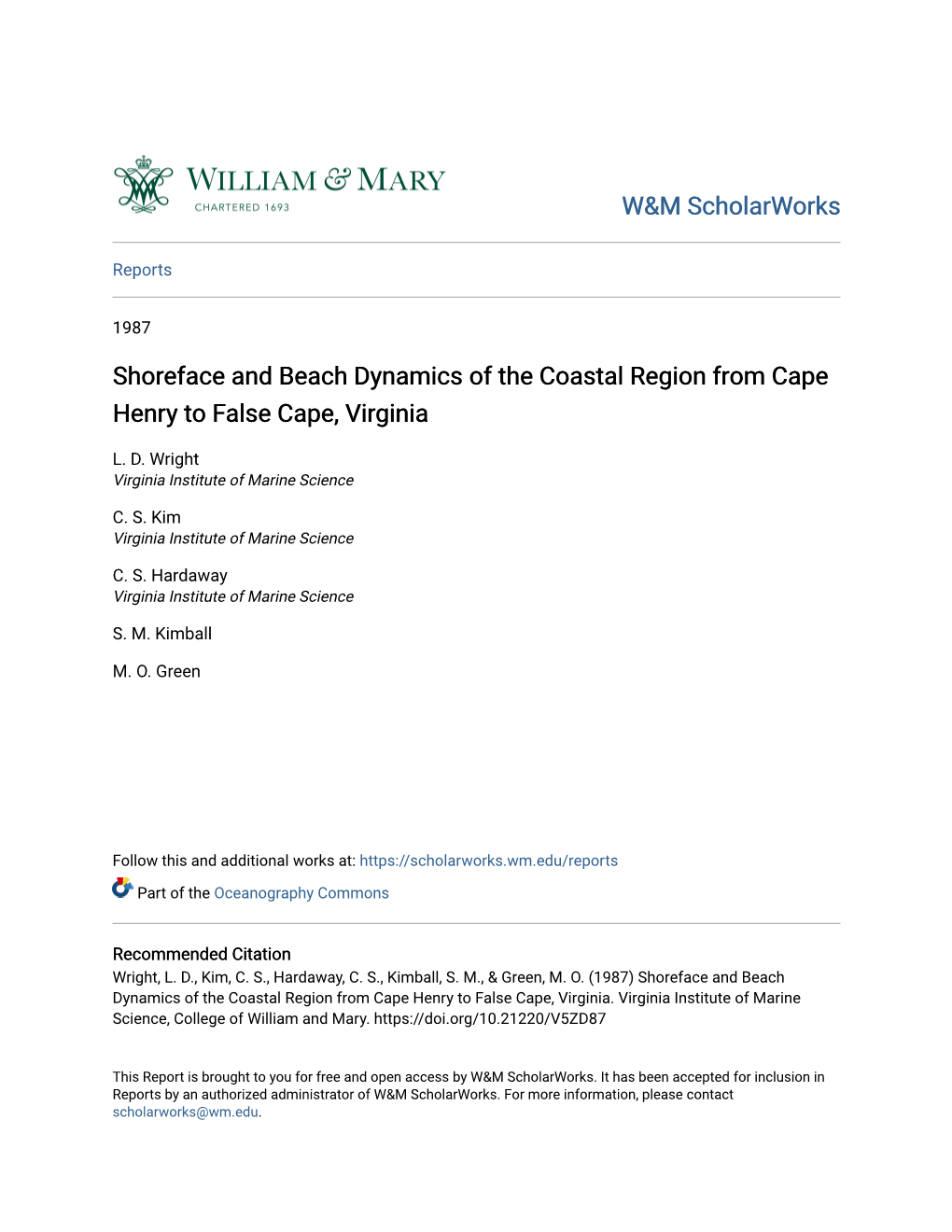 Shoreface and Beach Dynamics of the Coastal Region from Cape Henry to False Cape, Virginia