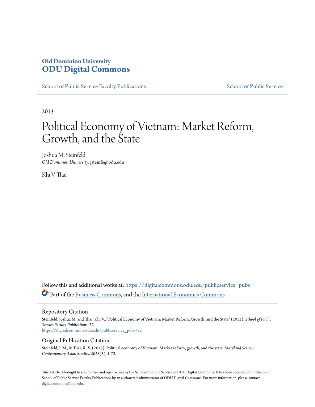 Political Economy of Vietnam: Market Reform, Growth, and the State Joshua M