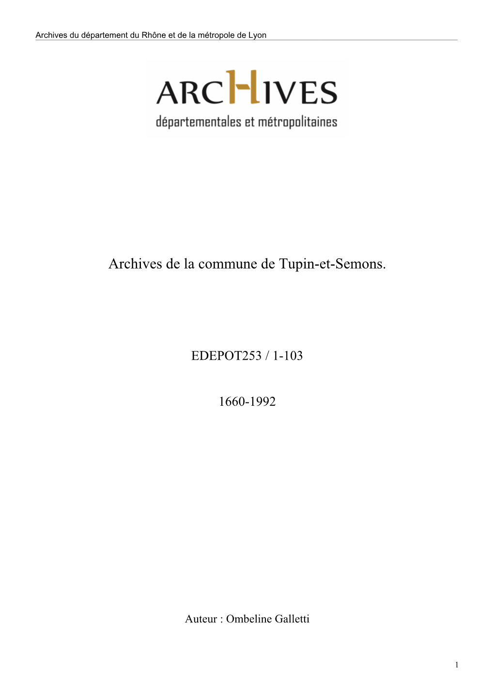 Archives De La Commune De Tupin-Et-Semons