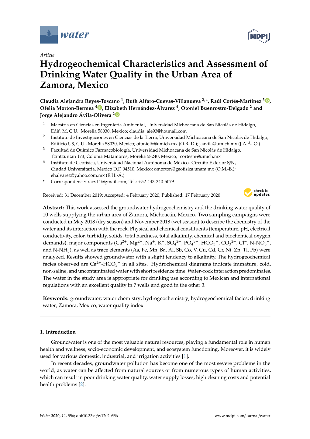 Hydrogeochemical Characteristics and Assessment of Drinking Water Quality in the Urban Area of Zamora, Mexico