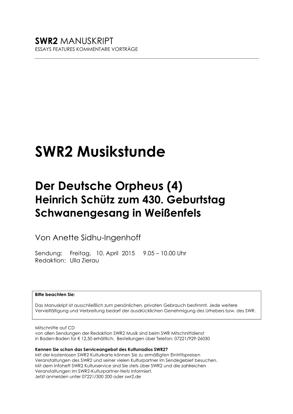 SWR2 Musikstunde Der Deutsche Orpheus (4) Heinrich Schütz Zum