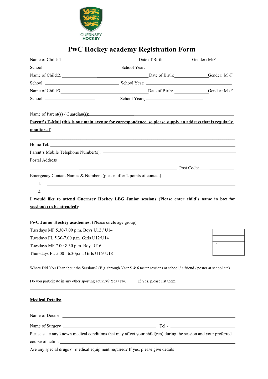 Pwc Hockey Academy Registration Form