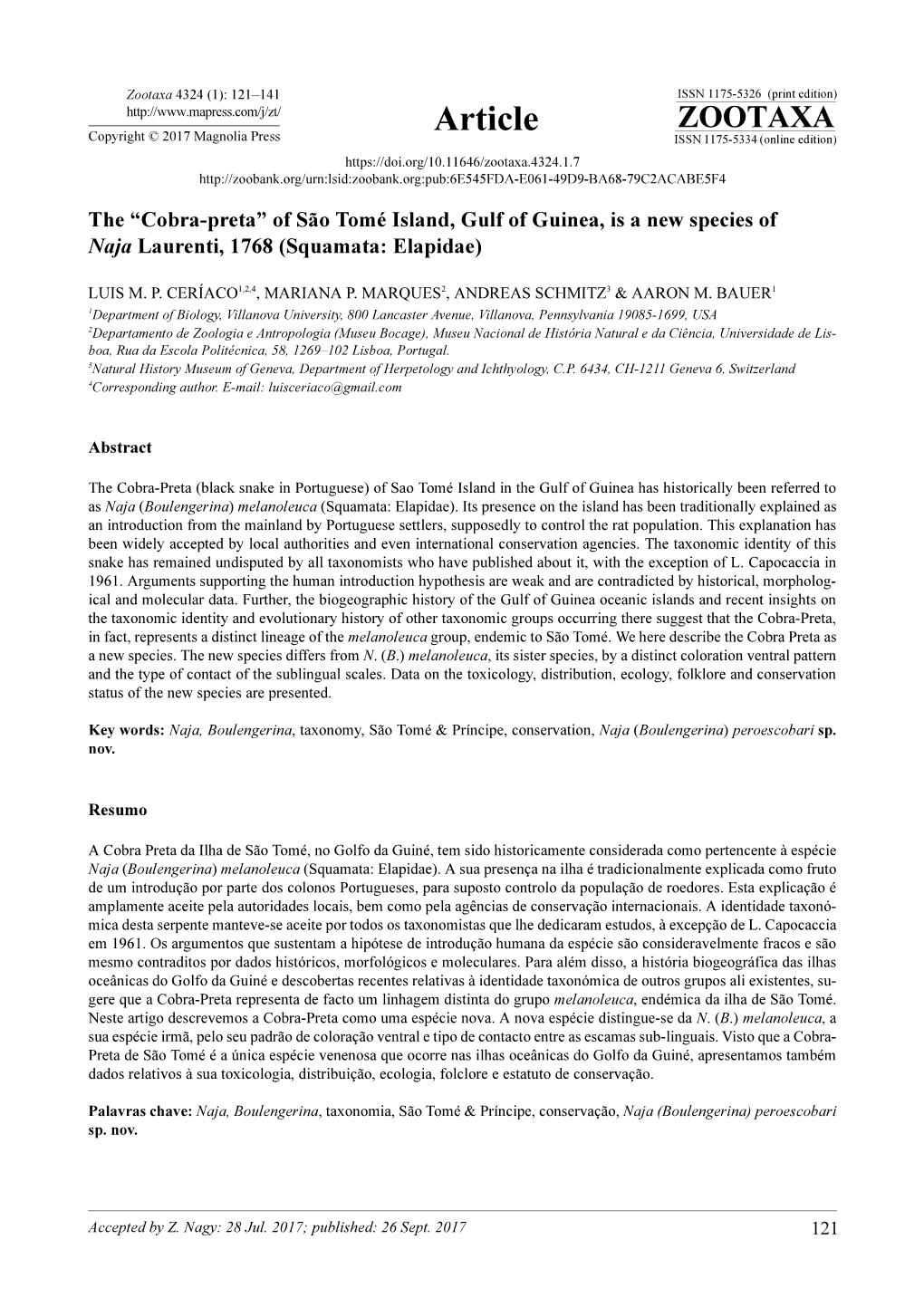 Of São Tomé Island, Gulf of Guinea, Is a New Species of Naja Laurenti, 1768 (Squamata: Elapidae)