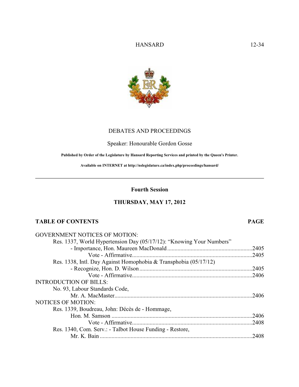 HANSARD 12-34 DEBATES and PROCEEDINGS Speaker