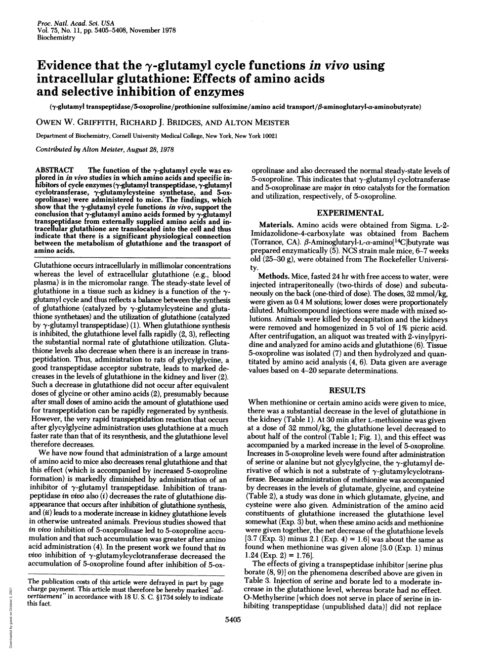 Evidence That the Y-Glutamyl Cycle Functions in Vivo Using And