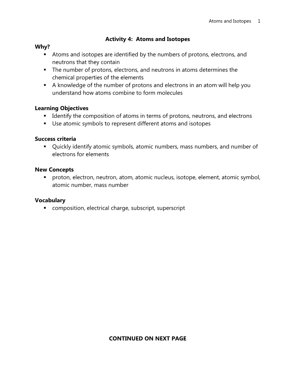 Activity One: Atoms and Isotopes