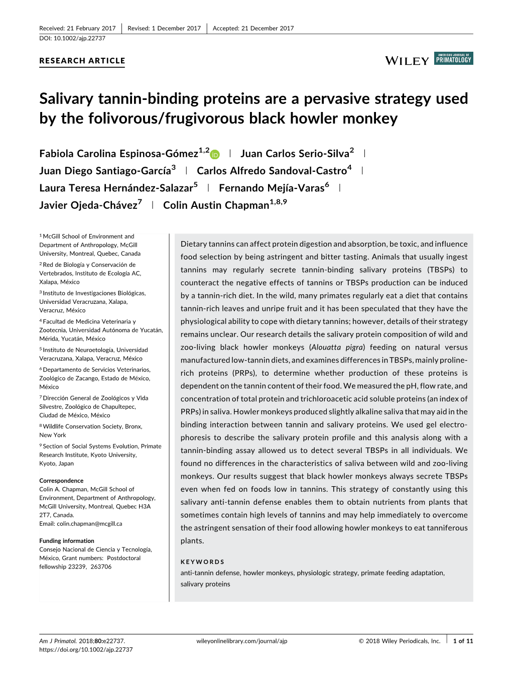 Salivary Tannin-Binding Proteins Are a Pervasive Strategy Used by the Folivorous/Frugivorous Black Howler Monkey