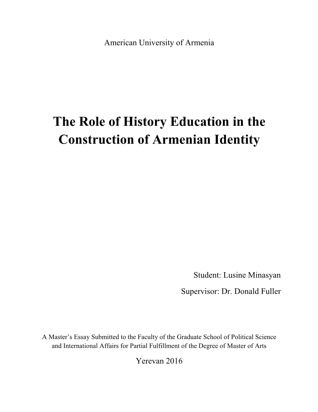 The Role of History Education in the Construction of Armenian Identity