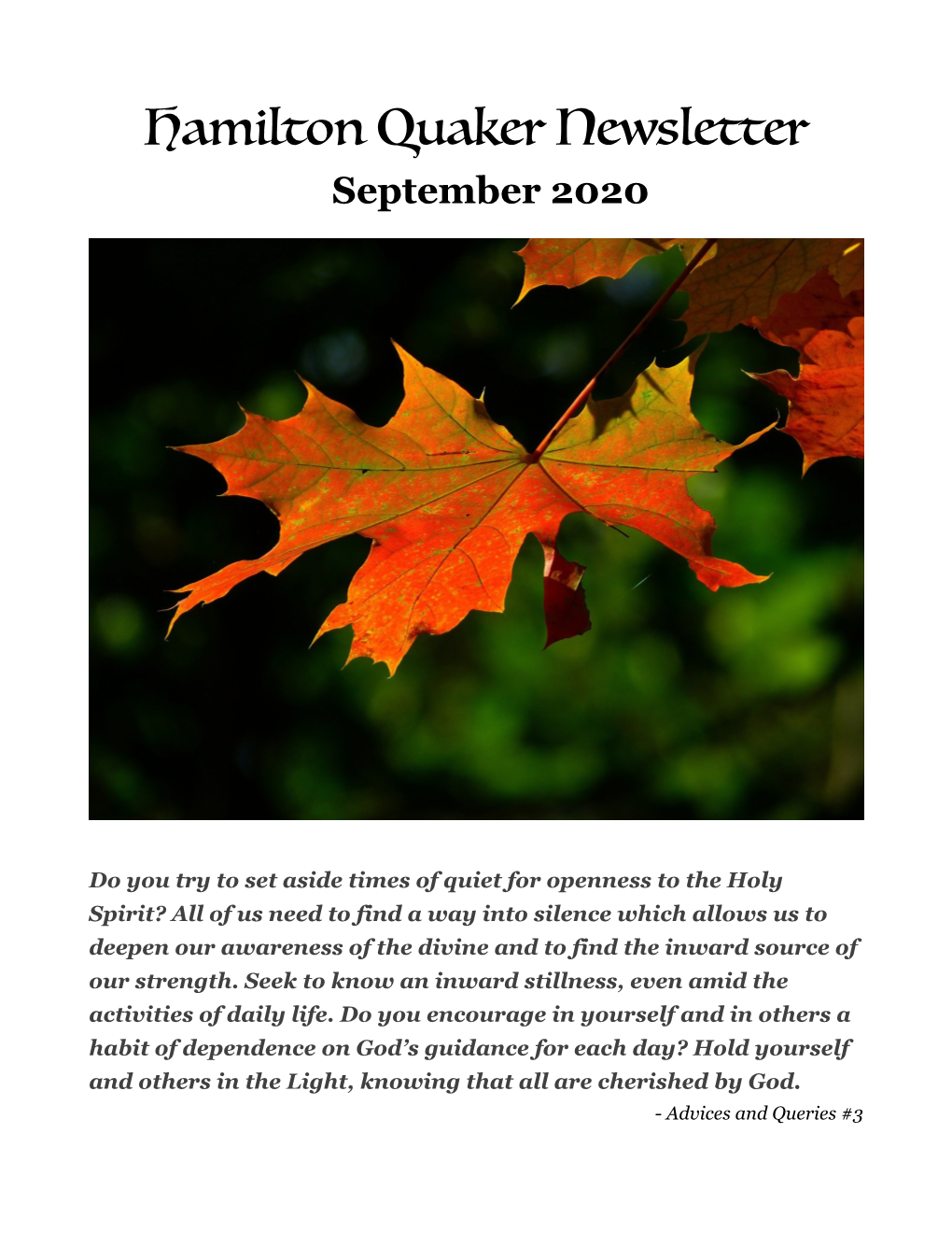 Hamilton Quaker Newsletter September 2020