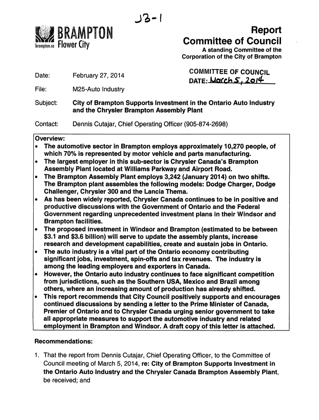 Committee of Council Item J3 for March 5, 2014