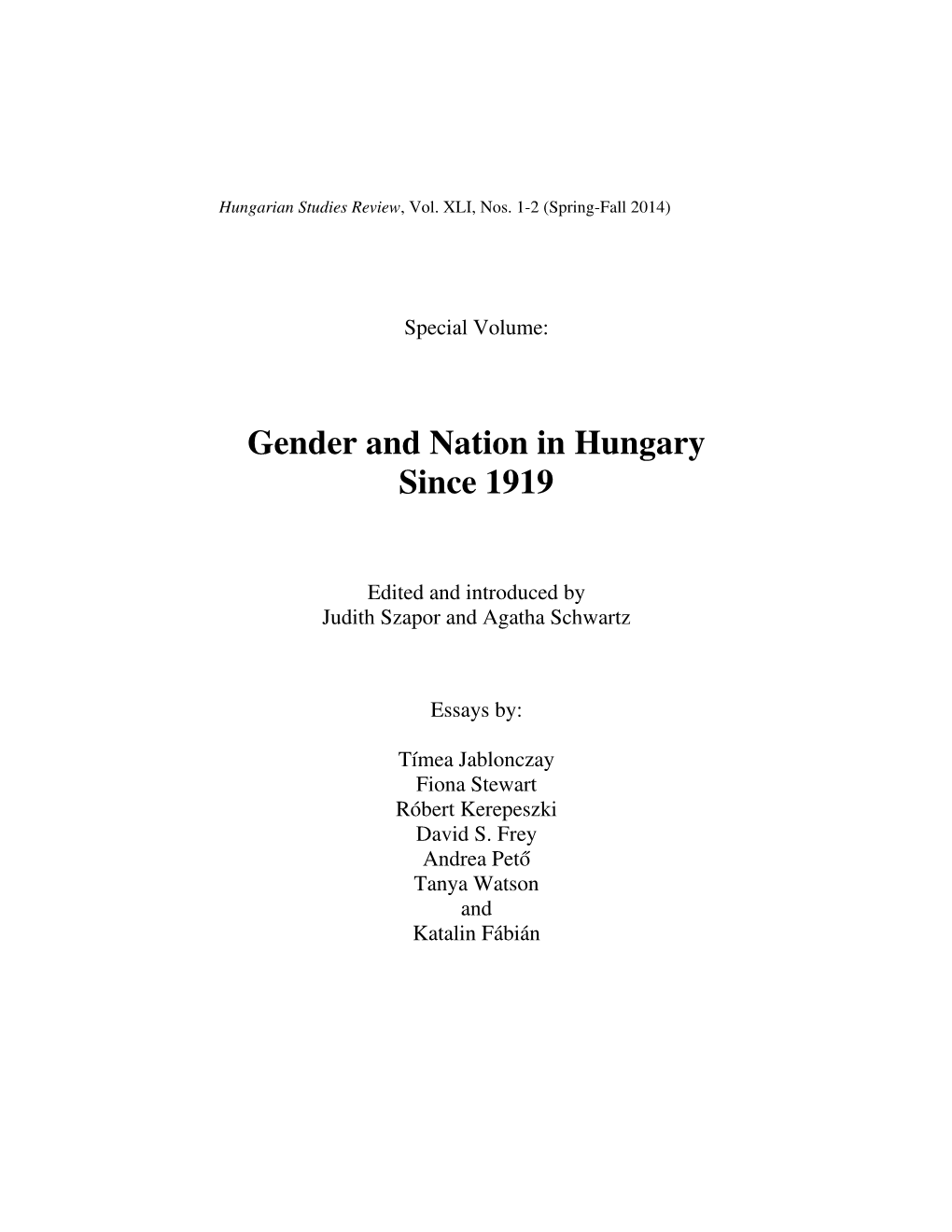 Gender and Nation in Hungary Since 1919
